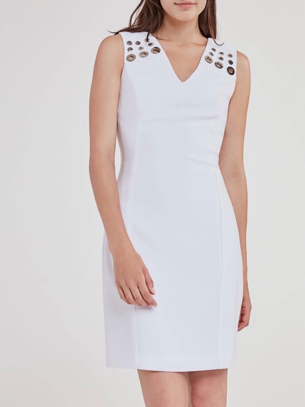 Elie Tahari Monica Sleeveless V-Neck White Sheath Dress with Grommet Detail